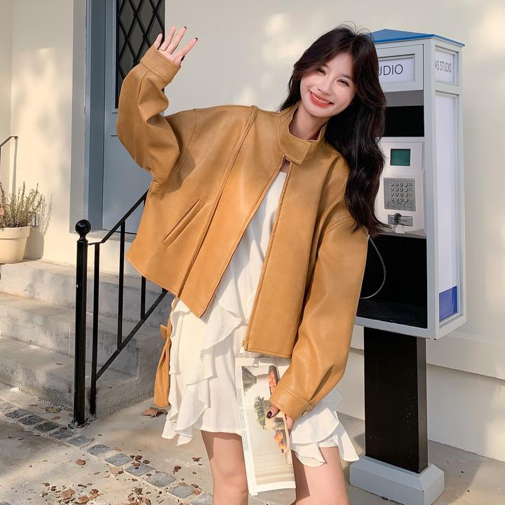 复古黄色立领皮衣外套女2025秋新款巨好看高级感甜酷短款pu皮夹克