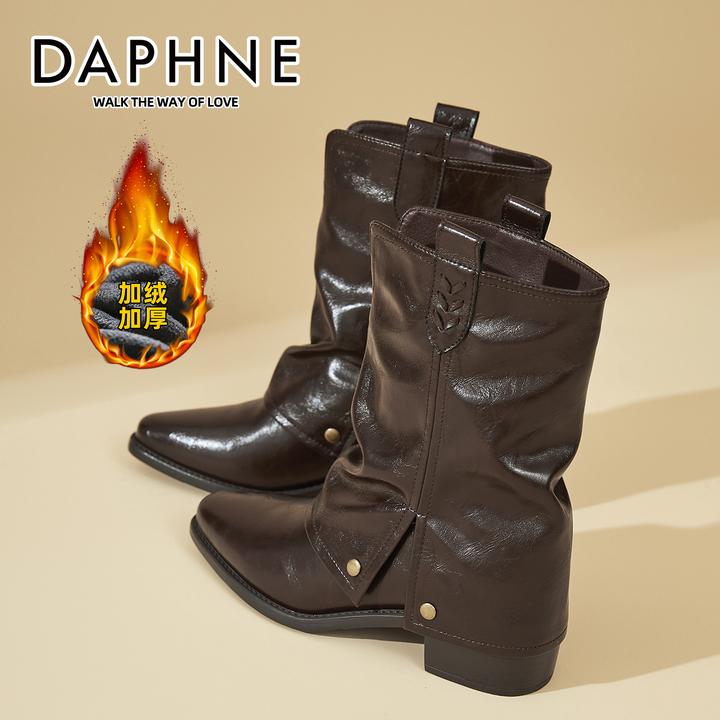 达芙妮琥珀流光挂耳堆堆靴女2025冬季新款加绒中筒靴英伦风小皮靴
