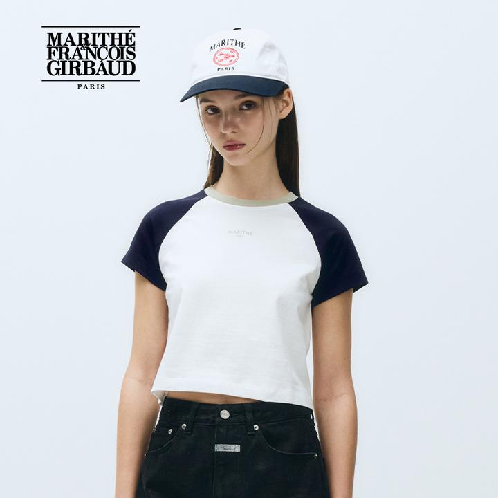 MARITHE撞色插肩短袖T恤 潮流女士修身复古短款圆领MFG45UTS113