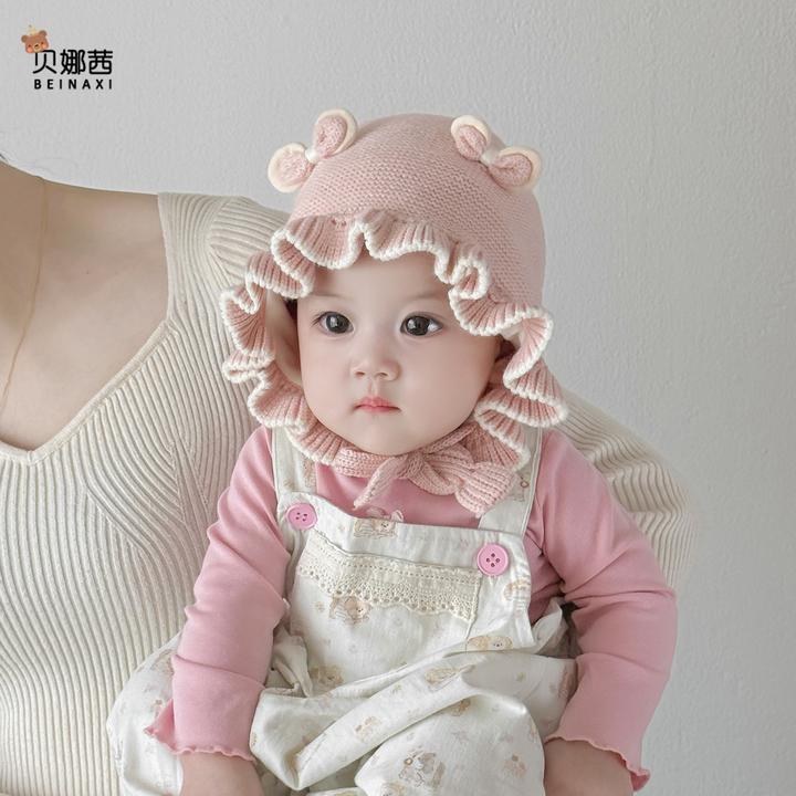 Beinaqian/贝娜茜婴儿帽子秋冬宝宝女公主针织帽婴幼儿冬季护耳帽