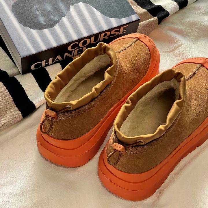 皮毛一体王一博同款冬季男女短筒加厚加绒厚底防滑平跟TPU帮面材