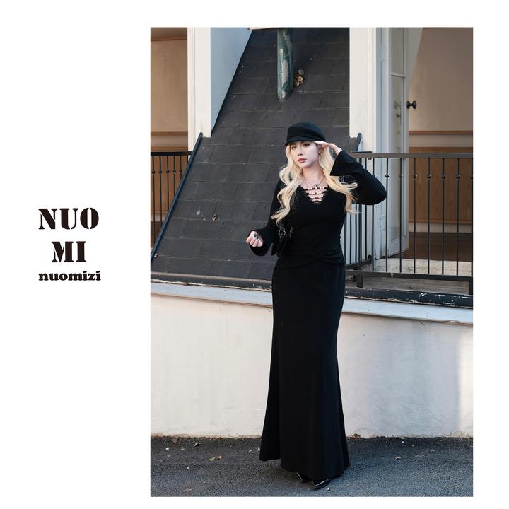 ZOZ糯米子[偷心者]御姐风v领串珠收腰连衣裙女秋冬绒感连衣裙长裙