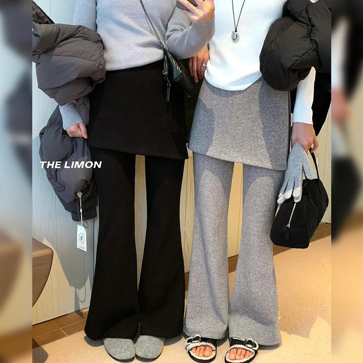 秋冬加绒韩国东大门假两件屁帘微喇叭裤女2025梨形身材显瘦休闲裤