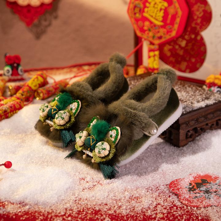 儿童棉鞋墨绿色百搭冬季宝宝鞋民族风时尚软底虎头鞋秋冬毛毛鞋