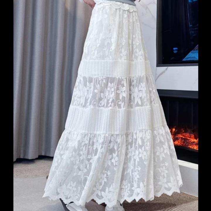 【极简穿搭】时尚气质显瘦百搭设计感勾花镂空蕾丝拼接中长款半身裙