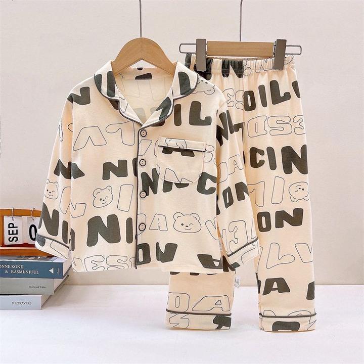 儿童长袖睡衣套装春秋女童精梳棉a类家居套装翻领男女纯棉开衫