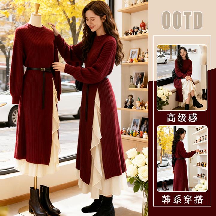 圣诞节巨好看的红色针织连衣裙女长款高级感时尚穿搭显瘦两件套女