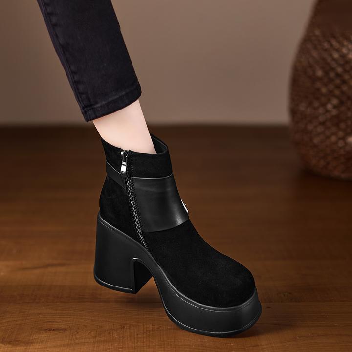 小个子手工女鞋10cm~厚底磨砂加绒短靴2025新款高跟鞋英伦马丁靴