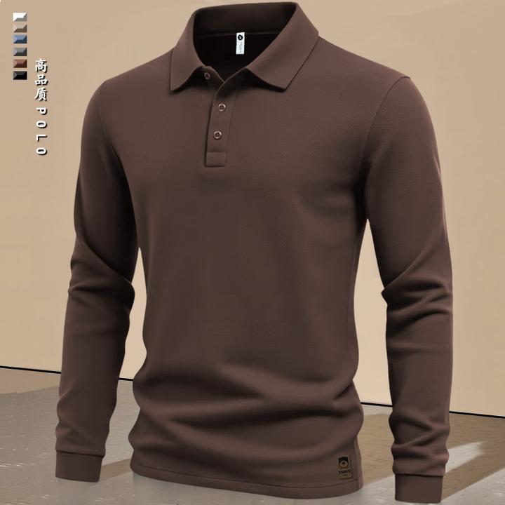 美式休闲高档抗皱商务POLO衫长袖咖啡色纯色翻领套头打底男士T恤t