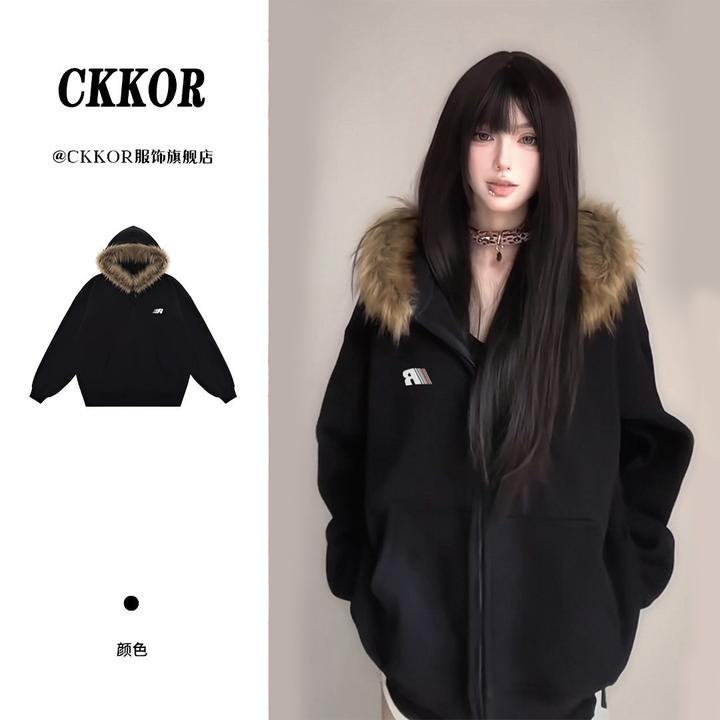 CKKOR秋冬季加绒加厚毛呢外套韩版显瘦气质女装新款开衫卫衣棉服