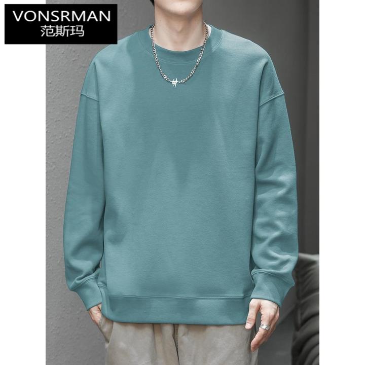 时尚卫衣男2025新款圆领套头无帽长袖t恤美式宽松纯色上衣服百搭