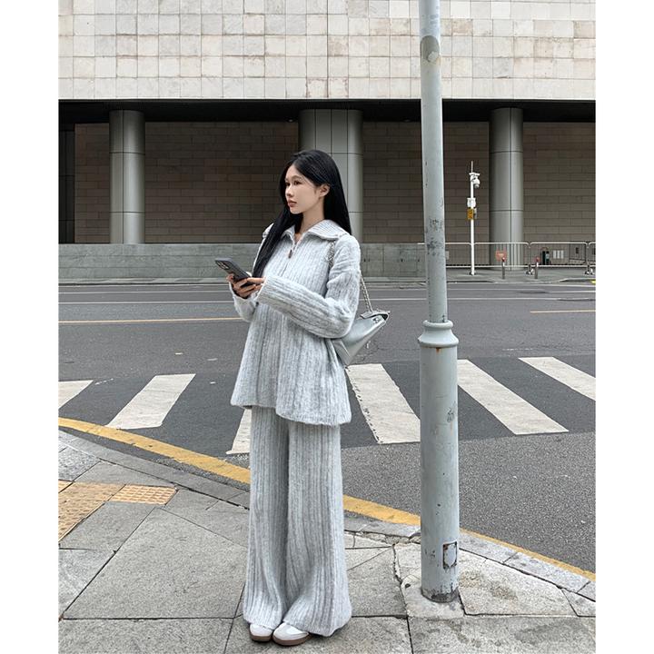 轻奢超火的软糯羊驼毛宽松立领拉链毛衣 针织阔腿长裤时尚套装女