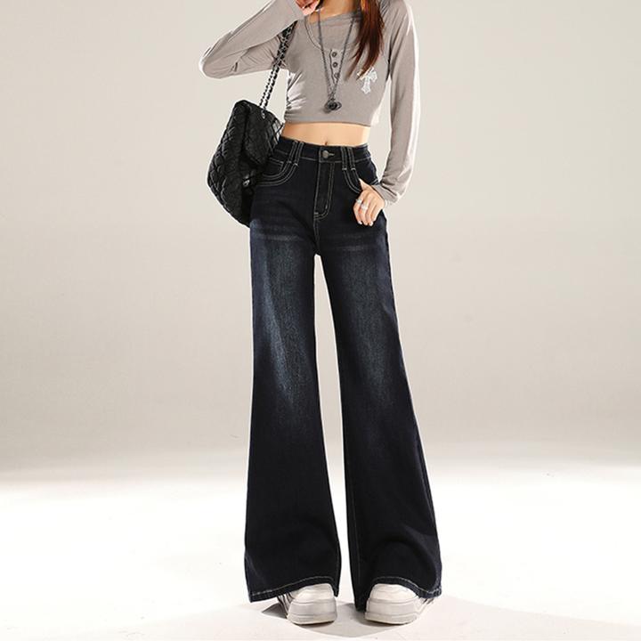 拉夏贝尔美式宽松不贴腿微喇裤女显瘦秋季百搭牛仔裤弹力喇叭裤子