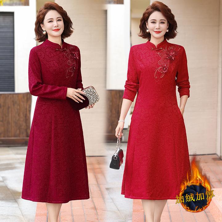 喜婆婆婚宴女加绒加厚连衣裙大红色旗袍喜妈妈结婚礼服高贵中长款