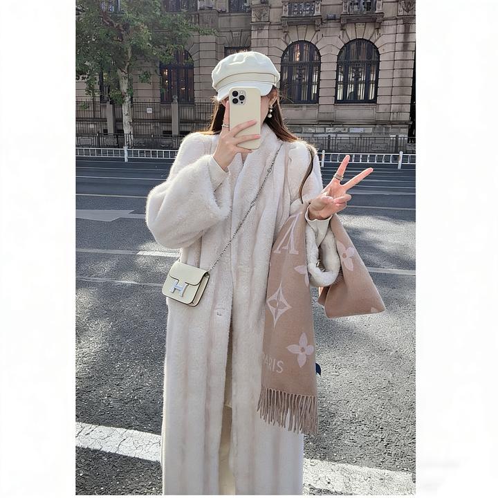 人造皮草 韩系温柔感白月光穿搭加厚长款仿貂毛环保毛毛外套