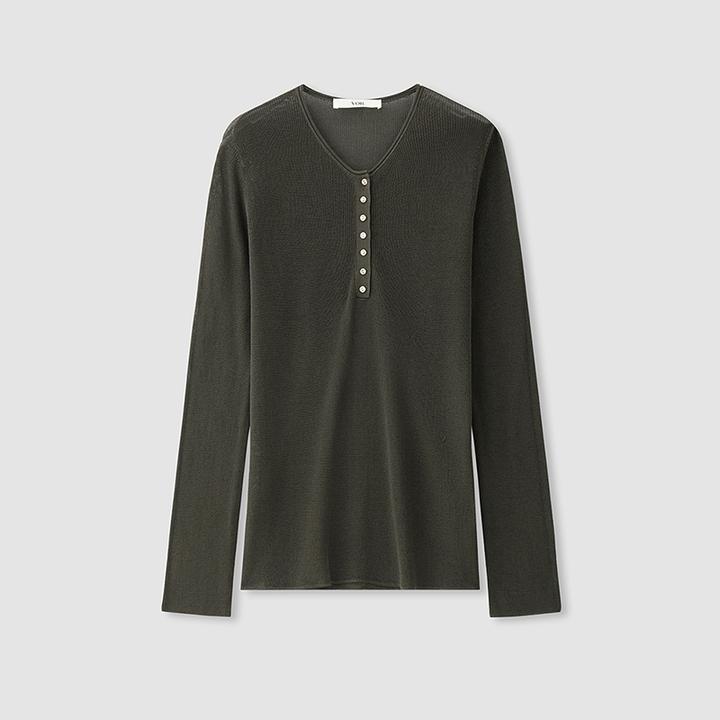 【冬姐自主品牌】VOR 100%棉 深灰V领纽扣针织长袖上衣 V25300208