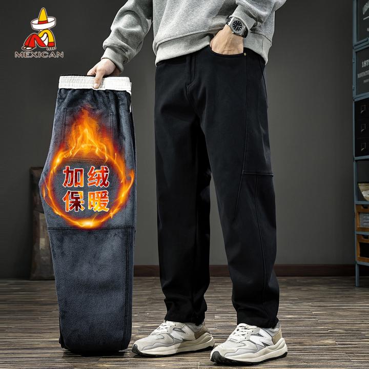 Mexican/稻草人冬季重磅加绒休闲裤男款美式户外宽松大码锥形裤子