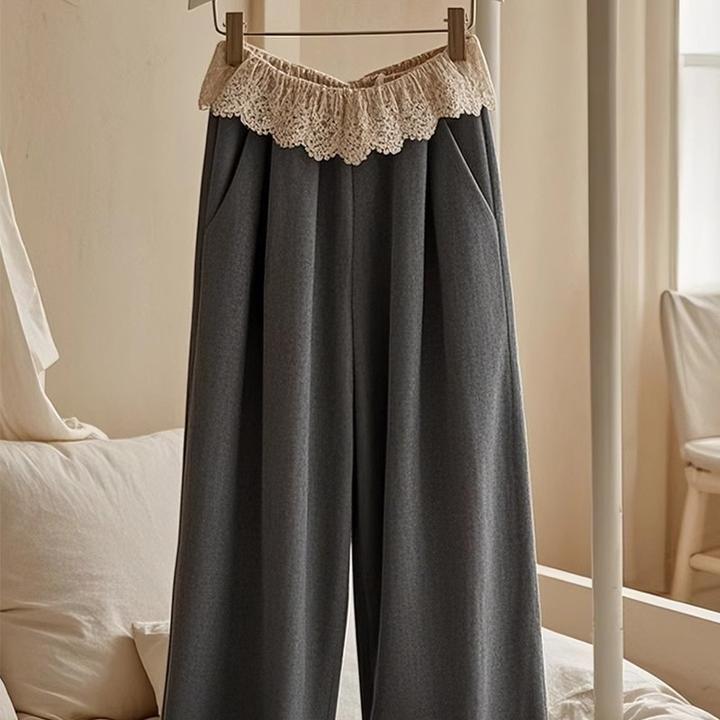 今年流行的深灰色蕾丝边阔腿运动裤女2025新款春季宽松慵懒风裤子