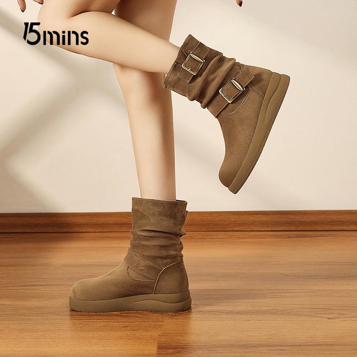 15MINS/15分钟网红西部靴女厚底瘦瘦堆堆鞋皮带扣百搭休闲小短靴