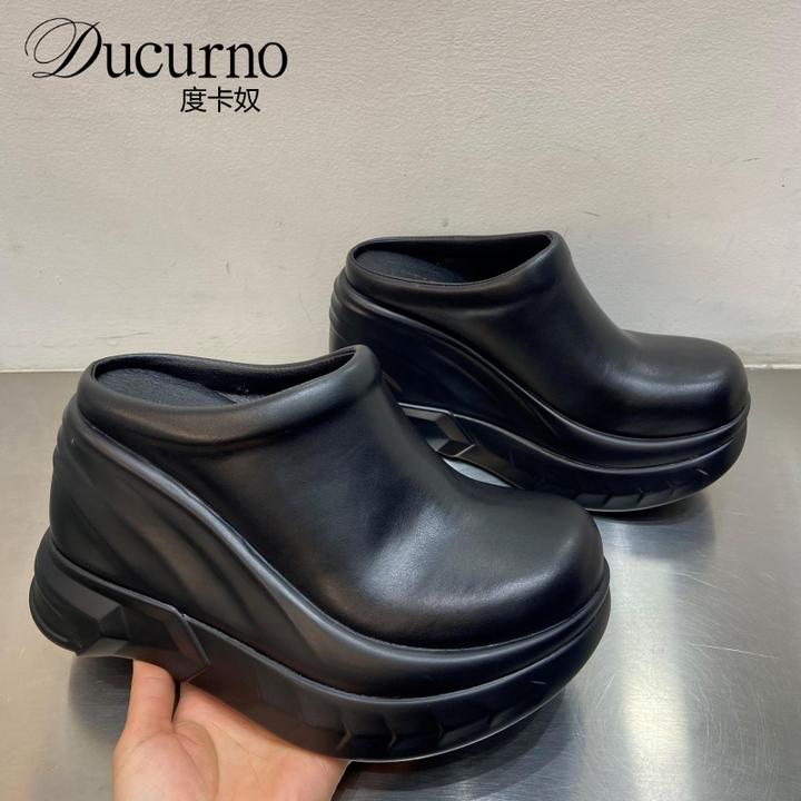 欧洲站2024春夏上新休闲坡跟厚底圆头大头鞋超高跟外穿包头拖鞋女