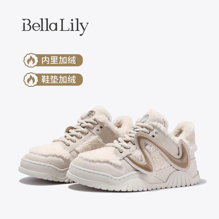 BellaLily2025冬季新款保暖羊毛加绒板鞋女百搭牛皮休闲鞋厚底鞋