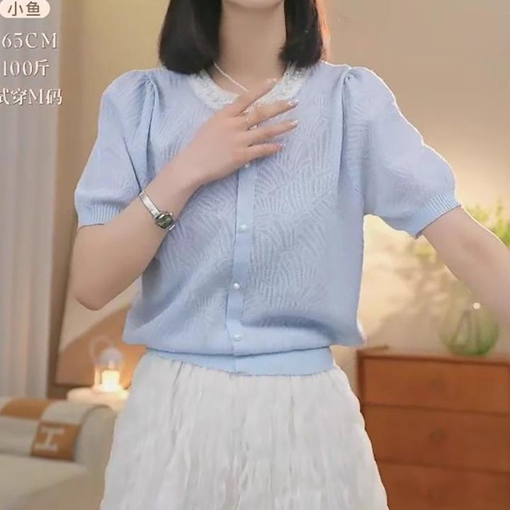 时尚气质减龄针织衫2025新款胖MM大码女装钉珠镂空蕾丝泡泡袖上衣