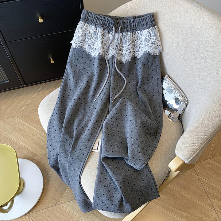 夏季新款韩系高腰显瘦休闲阔腿裤宽松蕾丝边波点香蕉裤卫裤女