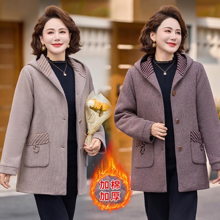 妈妈秋冬新款加棉加厚保暖外套洋气中长款中老年女装休闲毛呢大衣