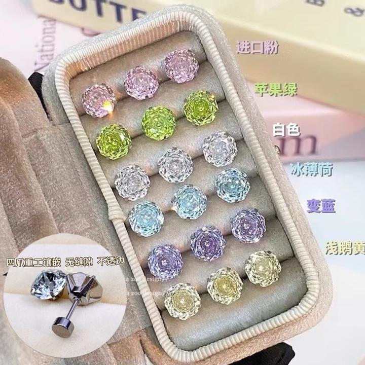钛钢耳饰 【重工无缝爪镶嵌】8mm千玺玫瑰切耳蜗钉耳骨耳垂钉钉钛钢