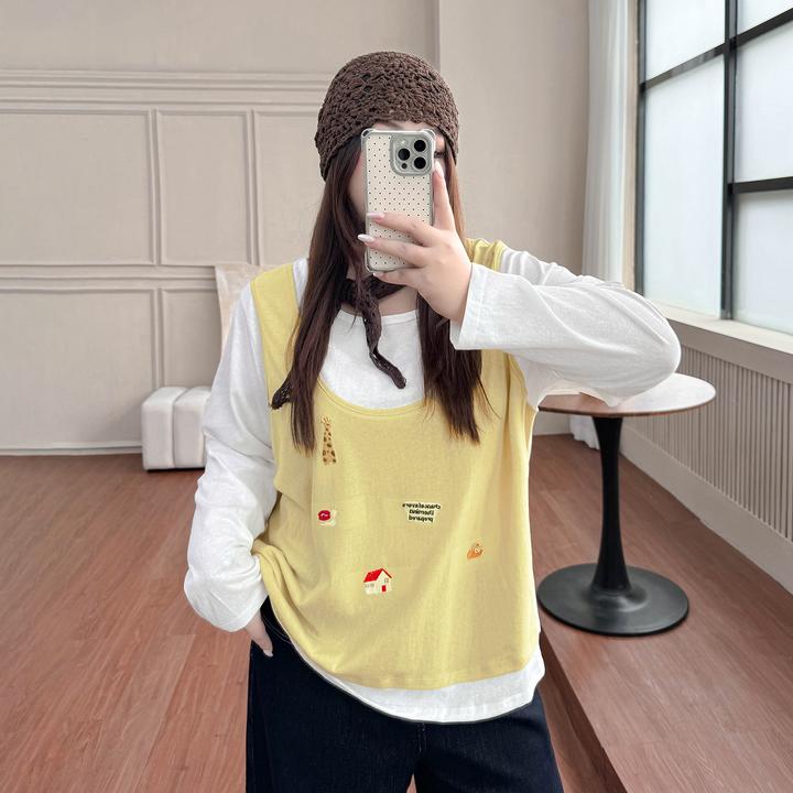 DC8238大码女装【假日松弛】三种衣长假两件卡通刺绣长袖秋季上衣