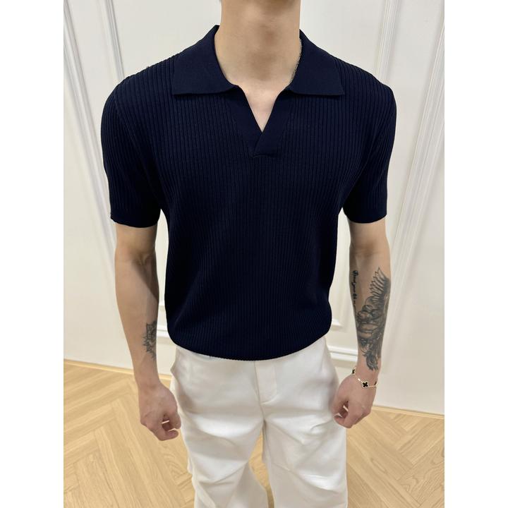 H TONIC 老钱风针织衫显肩宽纯色短袖男T恤透气海鸥领基础款上衣