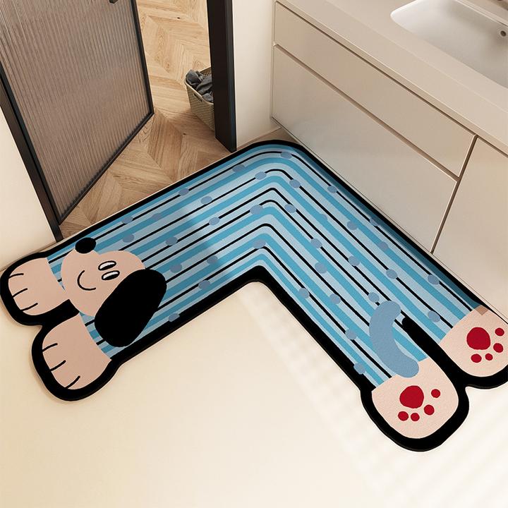 蓝色小狗L形转角浴室地垫卫生间硅藻泥吸水脚垫厕所门口防滑地毯