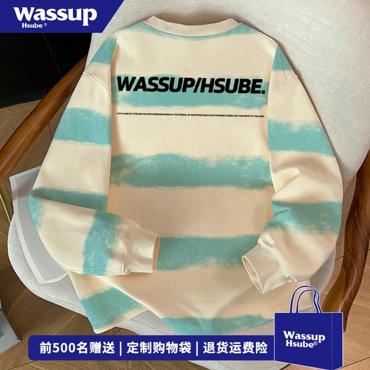 WASSUP HSUBE休闲扎染条纹长袖T恤男女秋季潮牌字母印花百搭上衣