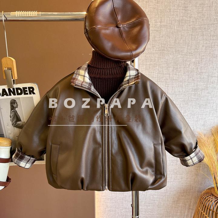 3啵小爸【暗夜独奏】2025冬季新款男童韩版夹棉加厚皮衣夹克外套冬