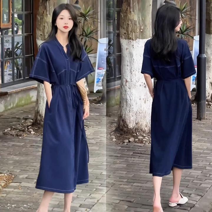 时尚洋气质连衣裙女2025夏季新款减龄收腰显瘦宽松休闲中长款裙子