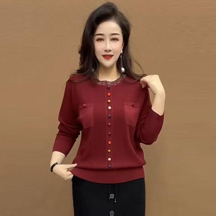 H春季舒适时尚气质妈妈装打底冰麻针织衫长袖宽松遮肉烫钻毛衣