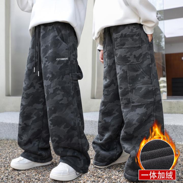 秋冬款男童加绒裤子一体绒儿童迷彩裤6-12岁15岁初中生男裤大童