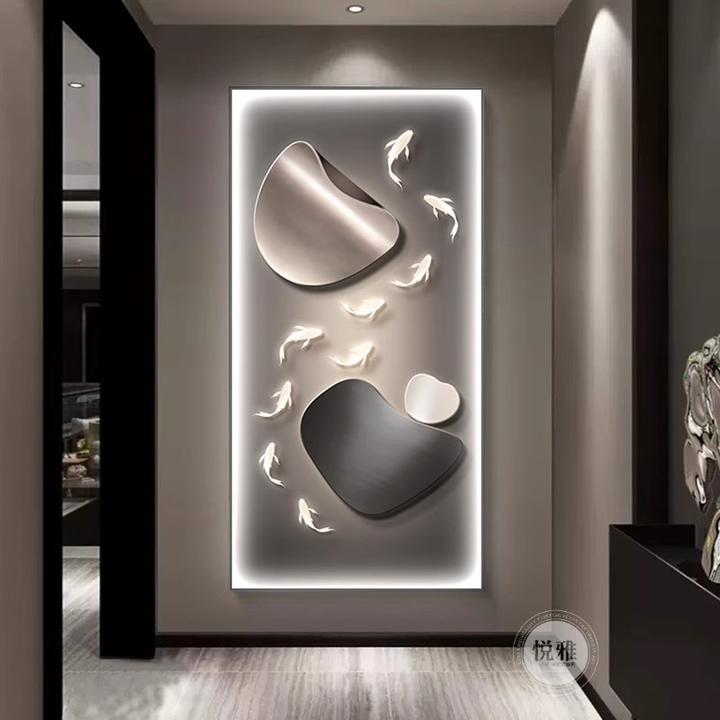 九鱼石来运转玄关装饰画走廊过道挂画简约高级感轻奢现代高档壁画
