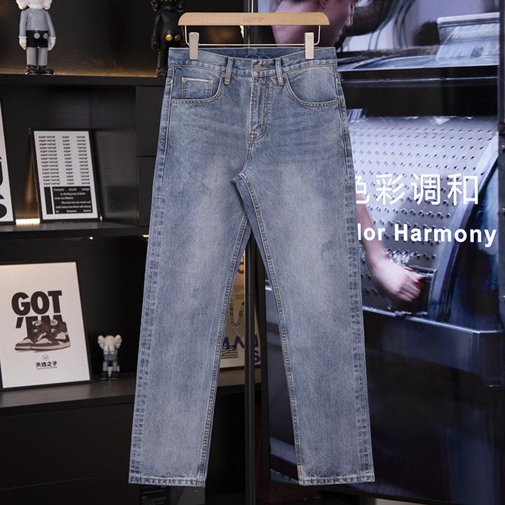秋季新款休闲水洗复古男士阔腿浅蓝色直筒宽松百搭赤耳丹宁牛仔裤