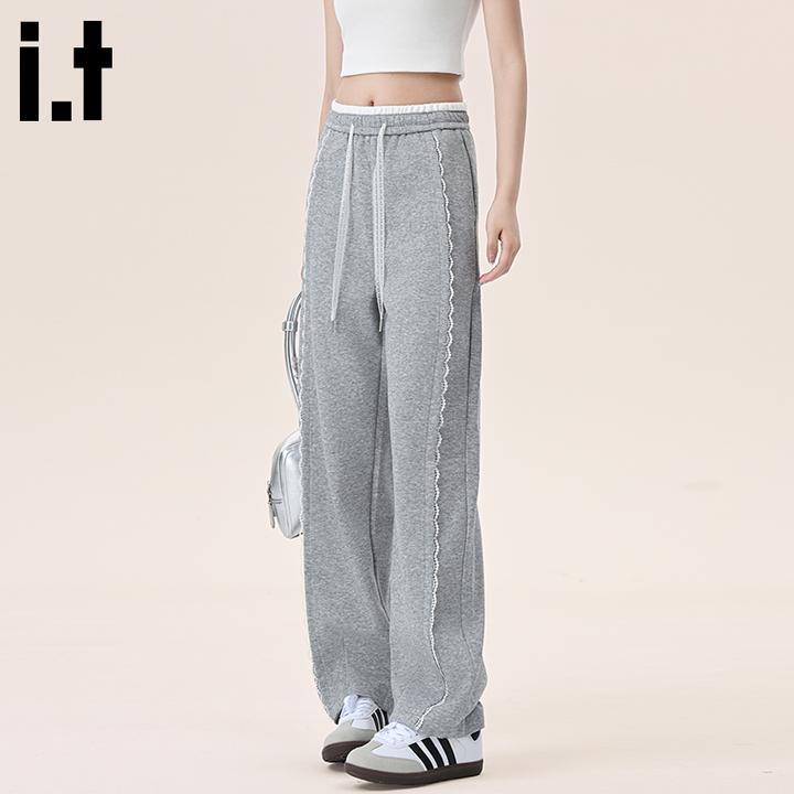 i.t:CHOCOOLATE蕾丝弯刀运动裤女款秋冬新款慵懒风高腰阔腿休闲裤