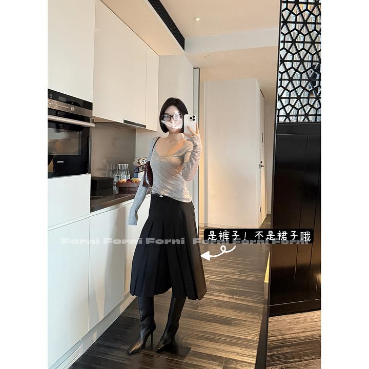 FORNI 裥褶百慕大 美式复古西装裙裤立体百褶直筒休闲七分中裤