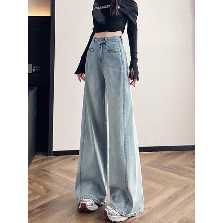 高街风浅蓝色高腰阔腿牛仔裤女2025春季松弛感宽松显瘦直筒长裤子
