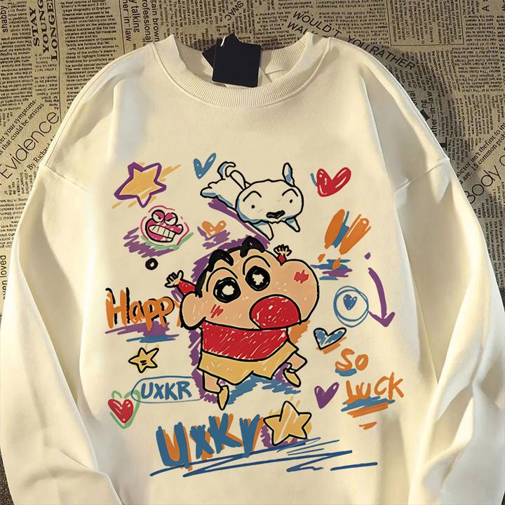 日系百搭蜡笔小新印花圆领卫衣男女童秋冬装宽松oversize学生上衣