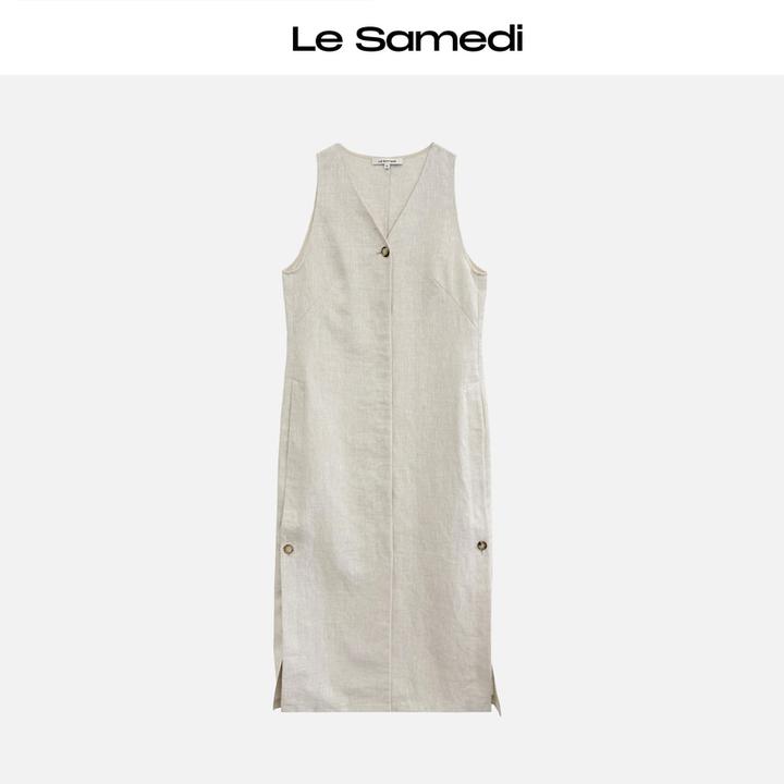 Le Samedi【原素草木】 文艺植物 原麻色无袖多扣侧开叉亚麻连衣裙