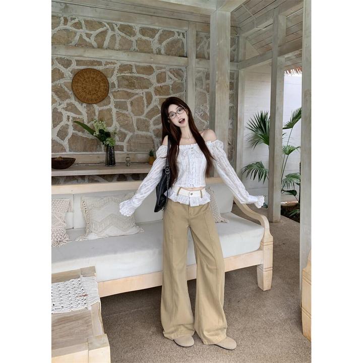 蕾丝花边拼接牛仔裤女2025秋季新款高腰显瘦设计感卡其色阔腿长裤