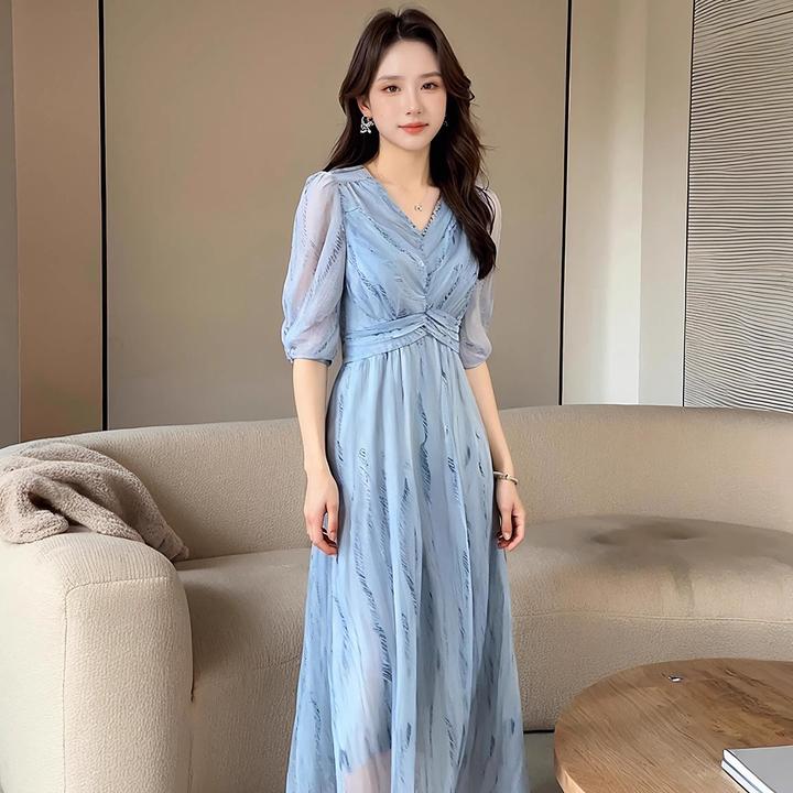 奢姿大码女装2025夏季新款胖妹妹温柔风时尚减龄泡泡袖V领连衣裙