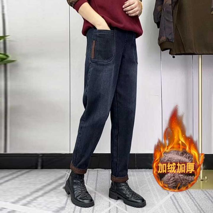 加绒加厚秋冬季新款韩版口袋哈伦长裤子高腰弹力大码显瘦牛仔裤女