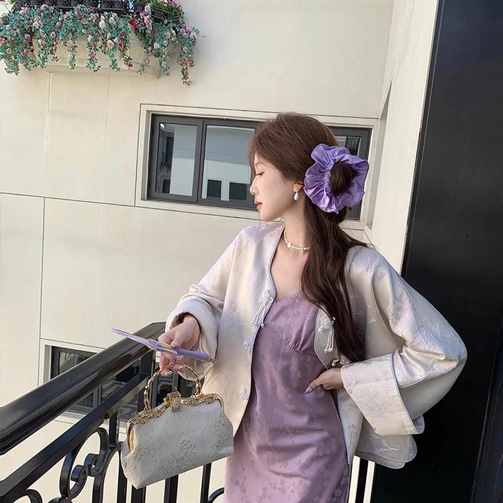 2024秋季新中式外套女超好看复古盘扣新国风上衣女紫色吊带裙套装