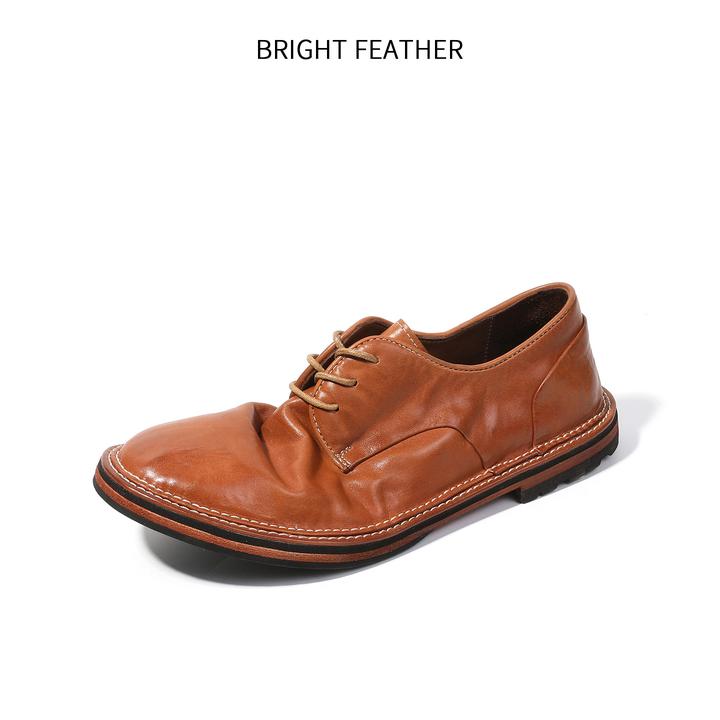 BRIGHT FEATHER植鞣马皮手工男士皮鞋水洗做旧复古薄底男鞋英伦风