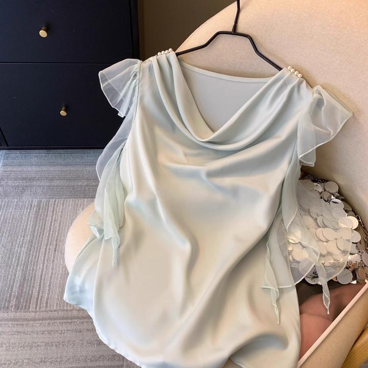 纯欲风荡领绿色缎面衬衫女夏新款荷叶边飘带雪纺衫法式小飞袖上衣